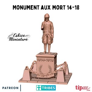 Peut inclure: Modèle imprimé en 3D d'un monument commémoratif de guerre. La statue représente un soldat debout au garde-à-vous, tenant un fusil. La statue est sur un socle avec l'inscription "1914-1918". Le socle est entouré d'une clôture en chaîne.