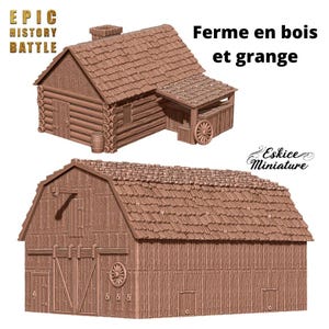 Peut inclure: Un ensemble de ferme et de grange en bois, peint en brun. La ferme a un style de cabane en rondins avec un toit de chaume. La grange a une grande porte en bois et un toit de chaume. L'ensemble est intitulé "Ferme en bois et grange".