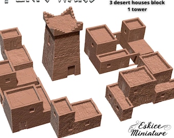 3 Desert Houses and a Tower, Building World War II, Scale 15mm, 20mm, and 28mm, WW2, Historical Wargame