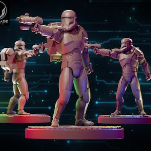 May include: Three grey plastic action figures of soldiers wearing helmets and holding guns. The figures are standing on circular bases.