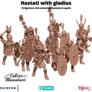 May include: A collection of ten brown figurines depicting Roman Hastati soldiers with gladius swords, shields, and helmets. The set includes a centurion, musician, and aquila. The text "Hastati with gladius" and "Eskice Miniature" are visible.