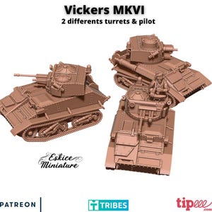 Könnte beinhalten: Drei braune Miniatur-Vickers MKVI Panzer mit verschiedenen Türmen und einem Piloten. Die Panzer sind detailliert mit Ketten, Türmen und Luken. Der Text "Vickers MKVI" und "2 different turrets & pilot" ist sichtbar.