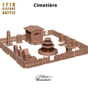 May include: A miniature cemetery set featuring a small chapel, tombstones, a fountain, and a wooden fence. The set is made from brown plastic and is designed for tabletop gaming.
