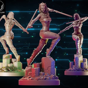 Peut inclure: Trois figurines imprimées en 3D d'une guerrière avec une couronne et tenant une épée. Les figurines sont posées dans différentes positions et se tiennent sur une base rocheuse.