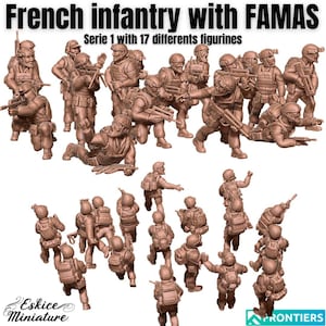 17 französische Soldaten mit FAMAS-Sturmgewehren, französische Militärfiguren, 15mm, 20mm und 28mm Maßstab, moderne Wargame-Miniatur