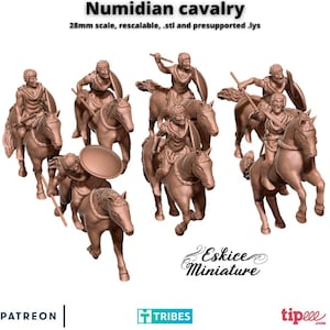 May include: A set of eight 28mm scale Numidian cavalry miniatures, printed in brown plastic. The miniatures are posed in a variety of dynamic stances, with riders holding spears and shields. The miniatures are designed for tabletop wargaming.