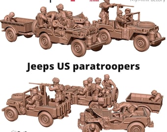 Puede incluir: Un conjunto de cinco jeeps de plástico marrón impresas en 3D con paracaidistas estadounidenses. Las jeeps están en varias configuraciones, incluyendo una jeep con un remolque, una jeep con una ametralladora y una jeep con una tripulación de paracaidistas. Las jeeps son todas de estilo militar, con un diseño detallado.