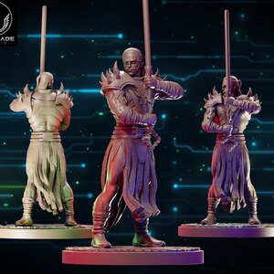 May include: Three detailed figurines of a warrior holding a lightsaber. The figures are in a dynamic pose, showcasing armor with spiky shoulder pads and a flowing skirt. The figures are on a circular base. The Wardlade Studio logo is in the upper left corner.