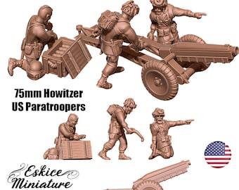 May include: A collection of miniature figures depicting US Paratroopers with a 75mm Howitzer. The figures are in a brown color and are posed in various action stances, including loading the cannon and pointing. The text "75mm Howitzer US Paratroopers" is visible.