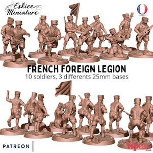 以下が含まれることがあります： フランス外人部隊の兵士の未塗装プラスチック製ミニチュアフィギュア10体セット。フィギュアは様々な戦闘姿勢でポーズをとっており、25mmのベースに立っています。フィギュアは薄い茶色です。