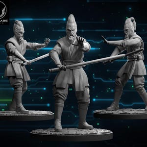 May include: Three gray painted figurines of humanoid figures wearing robes and holding lightsabers. The figures are posed in fighting stances.