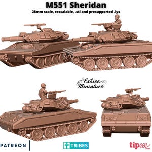 Puede incluir: Un modelo impreso en 3D de un tanque M551 Sheridan en color marrón claro. El tanque se muestra desde varios ángulos, incluyendo la parte delantera, lateral y trasera. El modelo está a escala de 28 mm y está diseñado para ser redimensionado e impreso con soportes.