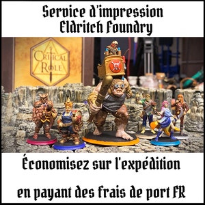 May include: A group of painted miniature figurines, including a goblin carrying a box with the text "Critical Role" on it, a dwarf, a human, and two elves. The miniatures are displayed on a table with a brown and beige background. The text "Service d'impression Eldritch Foundry" and "Économisez sur l'expédition en payant des frais de port FR" is visible at the top and bottom of the image.
