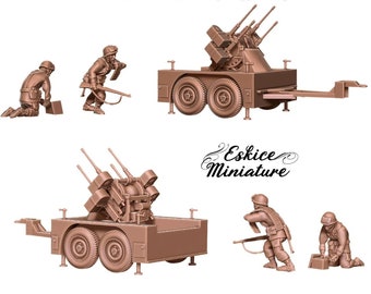 May include: A 28mm scale, 3D printed, brown plastic model of a M17 trailer with a M45AA anti-aircraft gun. The model is pre-supported and comes with .stl files. The image also shows four figures of soldiers in various poses.