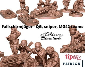 May include: A set of 3D printed miniature figures depicting German paratroopers from World War II. The figures are posed in various combat positions, including a sniper, a machine gunner, and a squad leader. The figures are painted in a realistic brown and tan color scheme. The figures are part of a larger set of miniatures for wargaming.