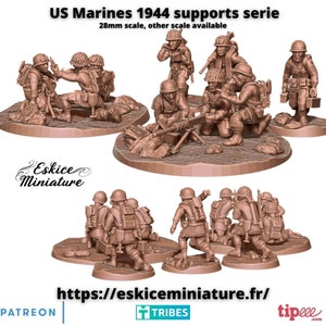Könnte beinhalten: Eine Sammlung von Miniatur-US-Marines aus dem Jahr 1944 in Braun. Die Figuren sind in verschiedenen Actionposen dargestellt, darunter Schießen und Unterstützung. Der Text "US Marines 1944 supports serie" und "Eskice Miniature" sind sichtbar.