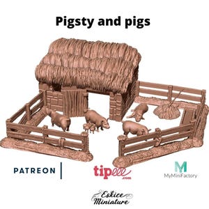 May include: A 3D printed miniature pigsty with a thatched roof and a wooden fence. There are five pigs inside the pen, including a mother pig and piglets.