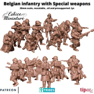 Peut inclure: Un ensemble de figurines en plastique non peintes imprimées en 3D à l'échelle 28 mm représentant des soldats d'infanterie belges avec des armes spéciales. Les soldats sont posés dans diverses positions de combat, tenant des armes telles que des fusils, des grenades et un mortier. Les figurines sont conçues pour les jeux de guerre et les jeux de rôle sur table.