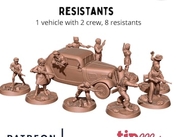 8 Resistance Fighters on Foot with Car, Second World War, Scale 15mm, 20mm, and 28mm, WW2, Historical Wargame