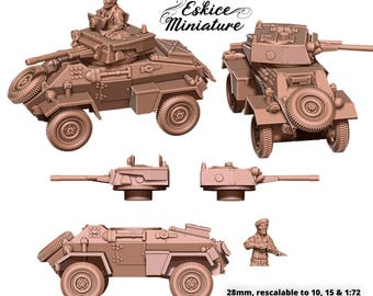 May include: A 28mm scale, brown plastic model of a Humber Scout Car MKII, a British armored car used in World War II. The model is shown in multiple views, including a side view, a front view, and a close-up of the turret. The model is also shown with a figure of a soldier.