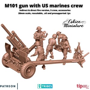 Puede incluir: Un modelo impreso en 3D a escala 28 mm de un cañón M101 con una tripulación de cinco marines estadounidenses. El cañón está en posición de disparo con la tripulación en varias poses. El modelo está pintado en color marrón y está listo para ser ensamblado.