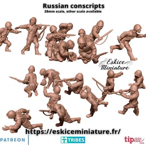 May include: A set of 10 28mm scale plastic miniature figures of Russian conscripts in various poses. The figures are painted in a brown color and are holding rifles. The figures are part of a set of miniatures for wargaming.