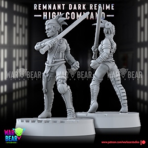 May include: A grey plastic miniature figurine of a female warrior holding a sword. The figurine is posed in a fighting stance with one leg forward and the other leg back. The figurine is wearing armour and a helmet. The figurine is standing on a grey base.