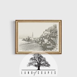 European Village Landscape Print | Vintage Country Sketch | Rustic Village Art | Digital Download Printable Art