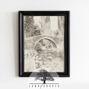 Classic Sketch Style Bridge Landscape Design | Vintage Feel Stone Bride Art | Neutral Tone Simple Wall Print | DOWNLOAD