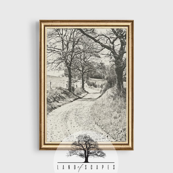 Country Road Sketch Style Art | Classic Tree Lined Dirt Road Design | Vintage Look Simple Neutral Tone Home Wall Print | DOWNLOAD