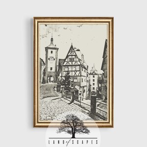 Classic European Village Art Print | Unique Sketch Style Old Town Euro Design | Vintage Neutral Tone Wall Decor | PRINTABLE DOWNLOAD