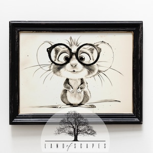 Unique Mouse with Glasses Sketch Style Art Print | Fun Children's or Nursery Cartoon Design | Neutral Tone Wall Decor | PRINTABLE DOWNLOAD