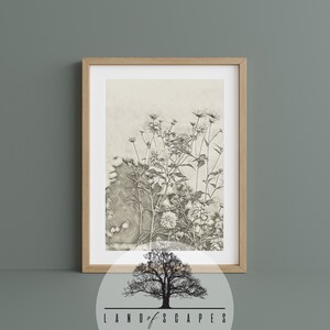 Wildflower Landscape Vintage Print | Spring Farmhouse Print | Sketch Wall Art | Digital Download
