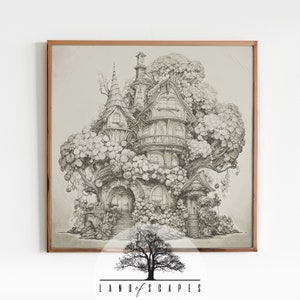 Unique Treehouse Design Art | Whimsical Fantasy Print | Vintage Style Treehouse | DOWNLOAD PRINT