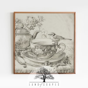 Vintage Bird and Tea Sketch Art Print (Printable Download)