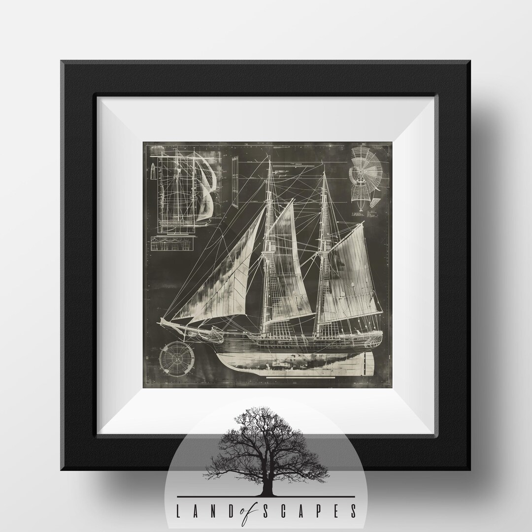 Vintage Sailboat Blueprint Art Print: Nautical Wall Decor (printable ...