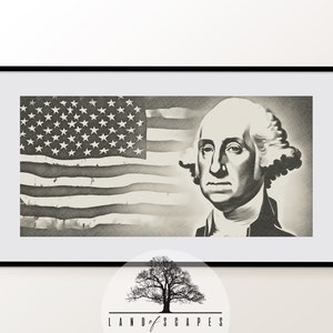 Unique Sketch Style American Flag with George Washington Art Print | Classic Americana Neutral Tone Home Wall Decor | PRINTABLE DOWNLOAD