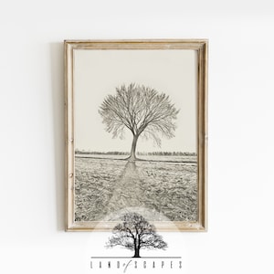 Single Vintage Style Tree Art |  Classic Tree and Field Art | Lone Tree Landscape Design | PRINTABLE DOWNLOAD