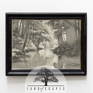 Classic Neutral Tone Landscape Art | Vintage Sketch Style Forest Trees and Streams Print | DOWNLOAD NOW
