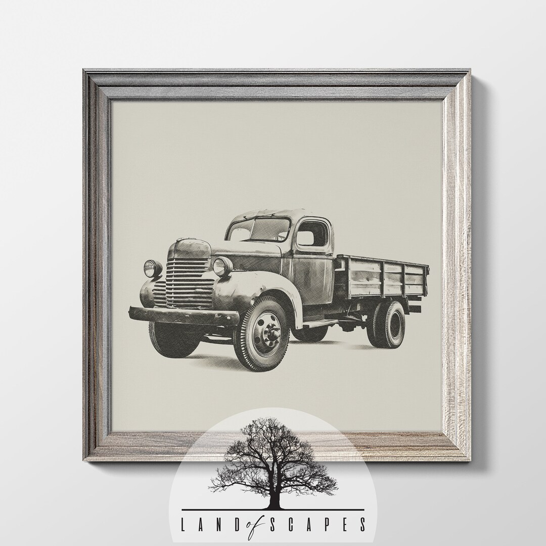 Classic Farm Truck Sketch Style Art Vintage Old Dump Bed Truck Print