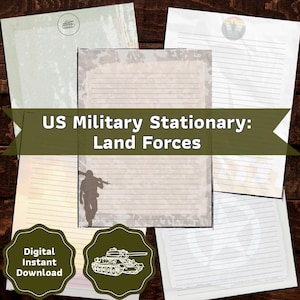 May include: Digital stationery set with lined paper, featuring military-themed designs. The text "US Military Stationery: Land Forces" is displayed. Includes a tank illustration and a soldier silhouette. The words "Digital Instant Download" are also present.