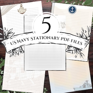 May include: Five printable US Navy stationery PDF files. Each page features a different design with nautical themes, including an anchor, a ship, and a wave pattern. The pages are lined for writing.