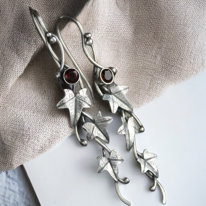 Silver Ivy Leaf Earrings, Woodlands Mystical Elven Dangle Drop, Fantasy Viking Witchy Design, Women’s Enchanting Jewelry, Elven Earrings