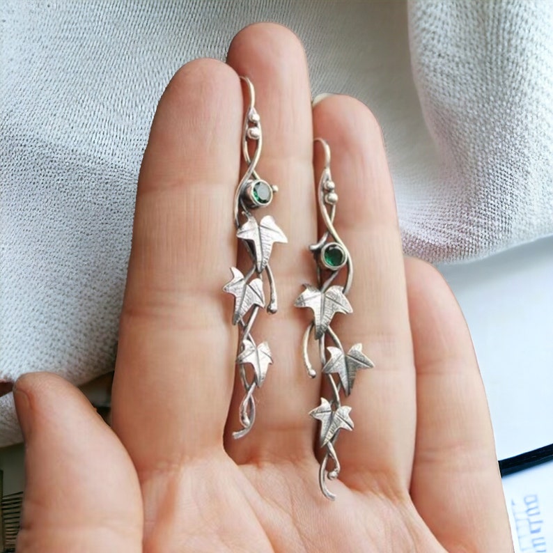 Silver Ivy Leaf Earrings, Woodlands Mystical Elven Dangle Drop, Fantasy Viking Witchy Design, Women’s Enchanting Jewelry, Elven Earrings