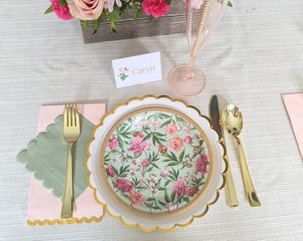 Place Settings for Bridal Shower Disposable Plates Floral Table Scape for Birthday Party Table Settings for Party
