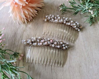 Pearl Hair Comb Pair: Champagne Thread, Velvet Backing - Lightweight