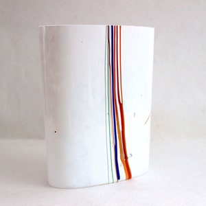 1980s Scandinavian Kosta Boda Bertil Vallien art glass vase &quot;Rainbow&quot; serie oval white polychrome trailed decoration