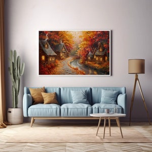 May include: A painting of a small village nestled in a forest with autumn leaves falling. The houses have warm lights on in the windows and a path leads through the village.