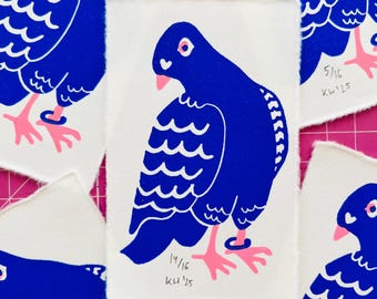 Taube | Handgefertigter Linoldruck | Druck Kunstdruck | Blau Rosa Awagamipapier | 6,5x10,5cm
