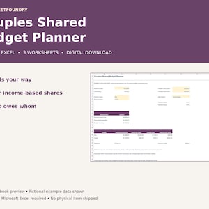 Op de afbeelding: Een digitaal Couples Shared Budget Planner spreadsheet van Worksheetfoundry. De paarse koptekst toont de titel en functies. De interface bevat secties voor het splitsen van rekeningen, inkomensafhankelijke aandelen en het bijhouden van schulden in Excel-formaat.